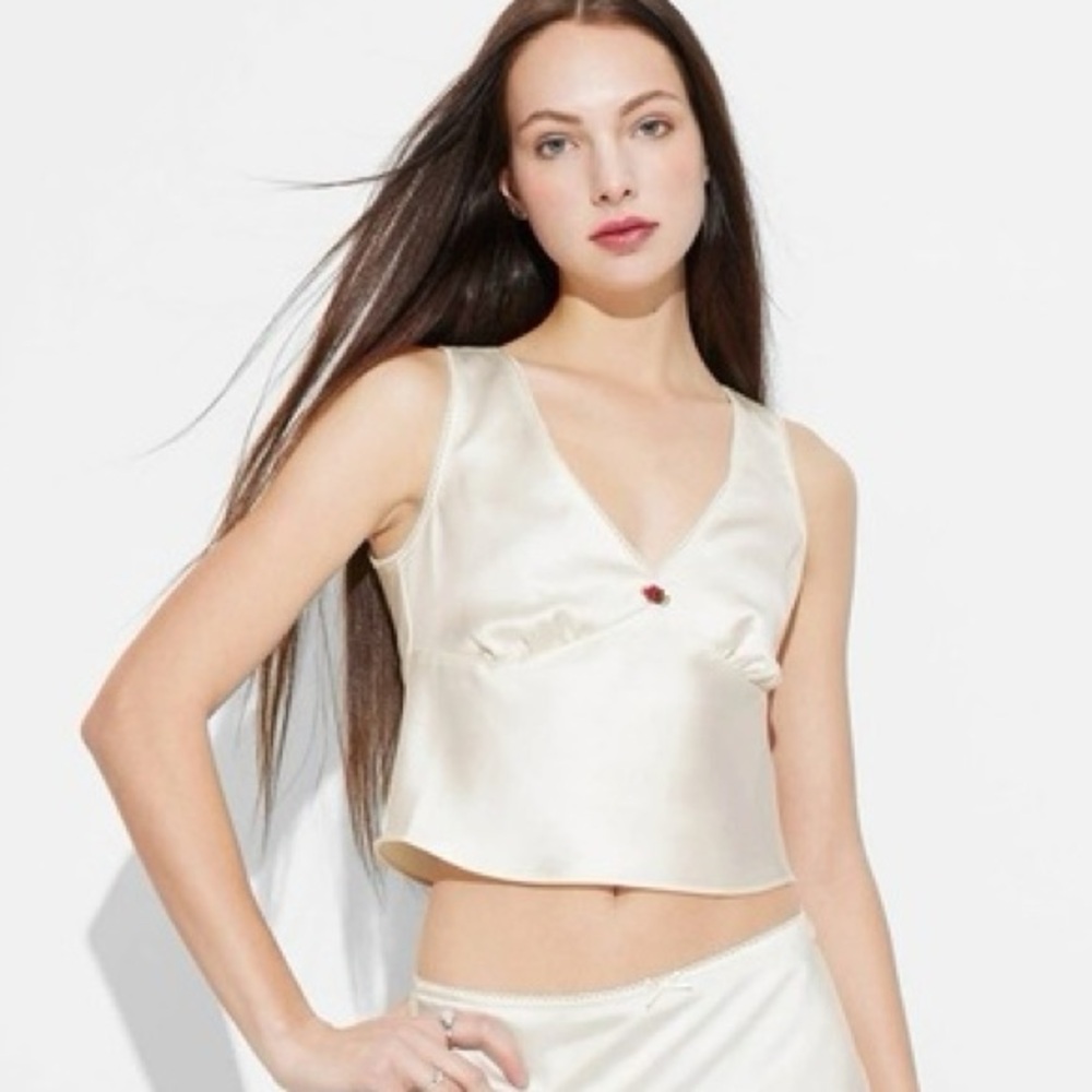 Cream Satin Lingerie Style Top with Rose Bud